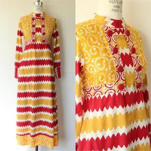 Vintage 1970s Maxi Dress, Red and Yellow Cotton Boho Full Length Dress